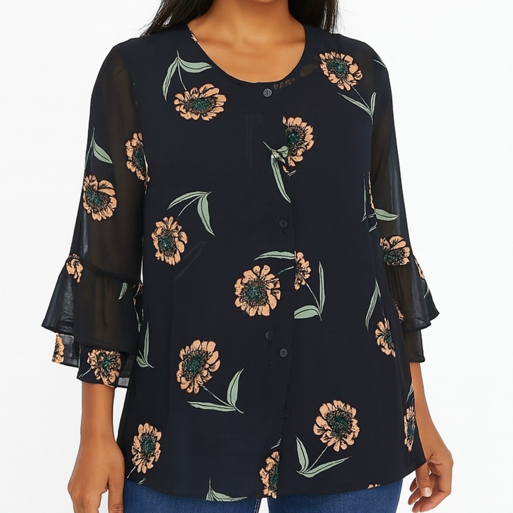 CAbi Womens Blosue Med Black Floral La Di Da Bell Sleeve Sheer Cottagecore‎ Top
